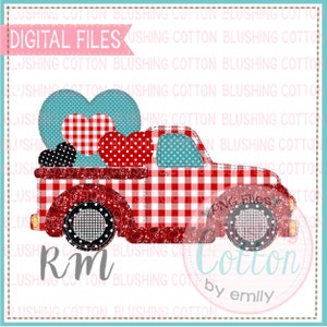Könnte beinhalten: Eine digitale Datei mit einem rot-weiß karierten Truck, der herzförmige Dekorationen trägt. Die Herzen sind mit Tupfen, Karos und Paisley-Mustern versehen. Der Text "DIGITAL FILES" und "Cotton by emily" ist enthalten.