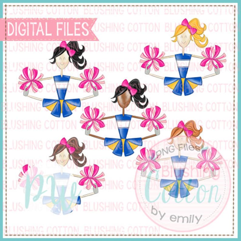 Cheerleader Bundle Royal and Yellow with Pink Pompoms Design PNG Artwork Digital File for printing and other crafts BCPW