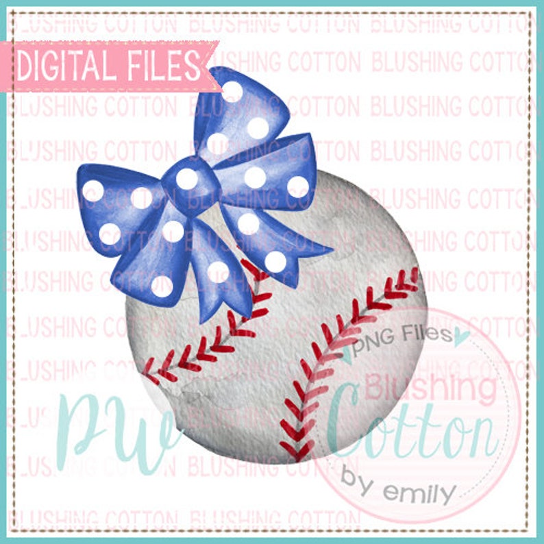 Baseball With Blue Polka Dot Bow Design PNG Watercolor Artwork Etsy