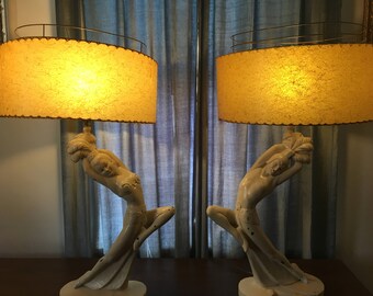 exquisite mid-century modern atomic dancer lamps with original parchment shades