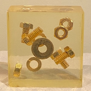 Mid Century Modern Pierre Giraudon style Vintage Lucite 3D Inclusion Art Paperweight (bolts, nuts & screws)