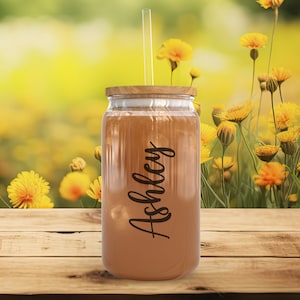 Personalized Iced Coffee Cup, Custom Beer Can Glass with Lid and Straw, Bridesmaid Gift, 16oz Glass Cup, Wedding Party Gift