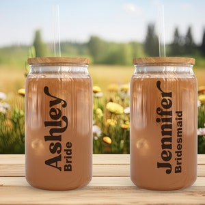 Bridesmaid Gift, Customized Glass Tumbler, Iced Coffee Tumbler, Maid Of Honor Gift, Bachelorette Party, 16oz Glass Cup, Wedding Party Gift