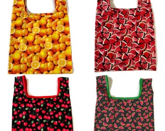 Reusable cotton grocery/ shopping bags in fruit prints soft foldable and zero waste