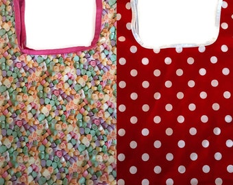Reusable cotton grocery/ shopping bags in conversation heart or polka dot print soft foldable and zero waste