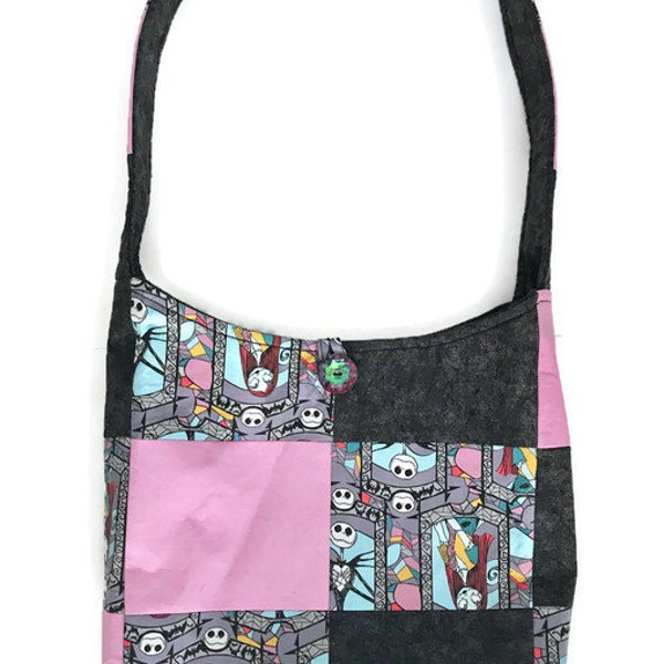 Handmade patchwork medium size hobo shoulder bag with button closure