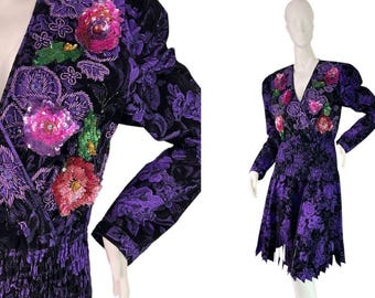 Vintage 1980's Diane Freis Purple Brocade Sequin Dress Fringe Hem V-Neck Size M