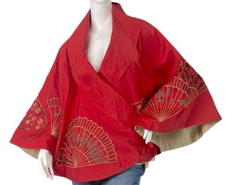 Vintage Red Silk Embroidered Short Kimono Cape Capelet Open Front Jacket Size OS