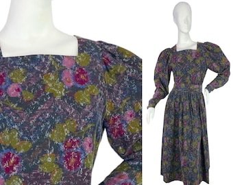 Laura Ashley Vintage 80s Fine Wale Corduroy Puff Sleeve Dress Dark Floral Sz 10