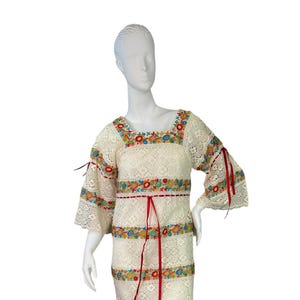 Vintage 70s Mexican Wedding White Dress Crochet Lace Floral Embroidered Sz XS