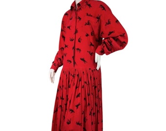Norma Kamali Vintage 80s Red Flannel Horse Print Dress Pleated Skirt Size Small