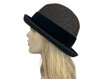 Elaine Armstrong New York Vtg 1990's Black & Brown Soutache Wool Velvet Hat L