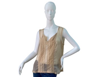 Marithe Francois Girbaud Sheer 100% Silk Tan Sleeveless 1980's Top, Size XL