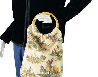 Vintage Cowboy Western Toile Tote Bag Double Rattan Handles Handmade