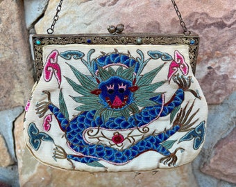 Forbidden Stitch Late 19th c. Chinese Ivory Evening Handbag w/ Embroidered Dragon & Gems