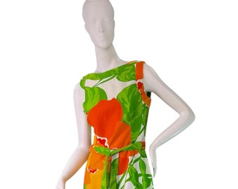 Vintage 60s 70s MALIA Dress Orange Green Floral Pop Art Maxi Muumuu Hawaiian Sz M