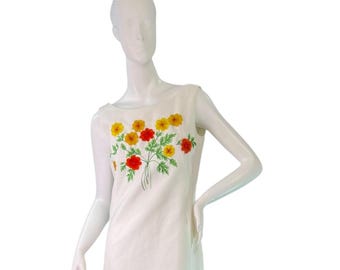 Vintage 60s Marcel Fenez Maxi Sleeveless Dress White Cotton Embroidery Flowers M