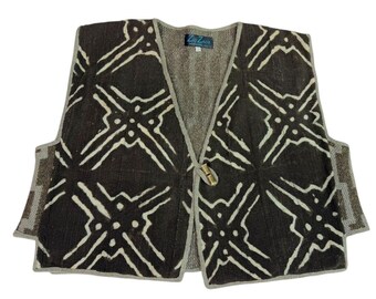 Vintage African Mud Cloth Bògòlanfini Bogolan Vest with Hand Knit Back Zig Zags
