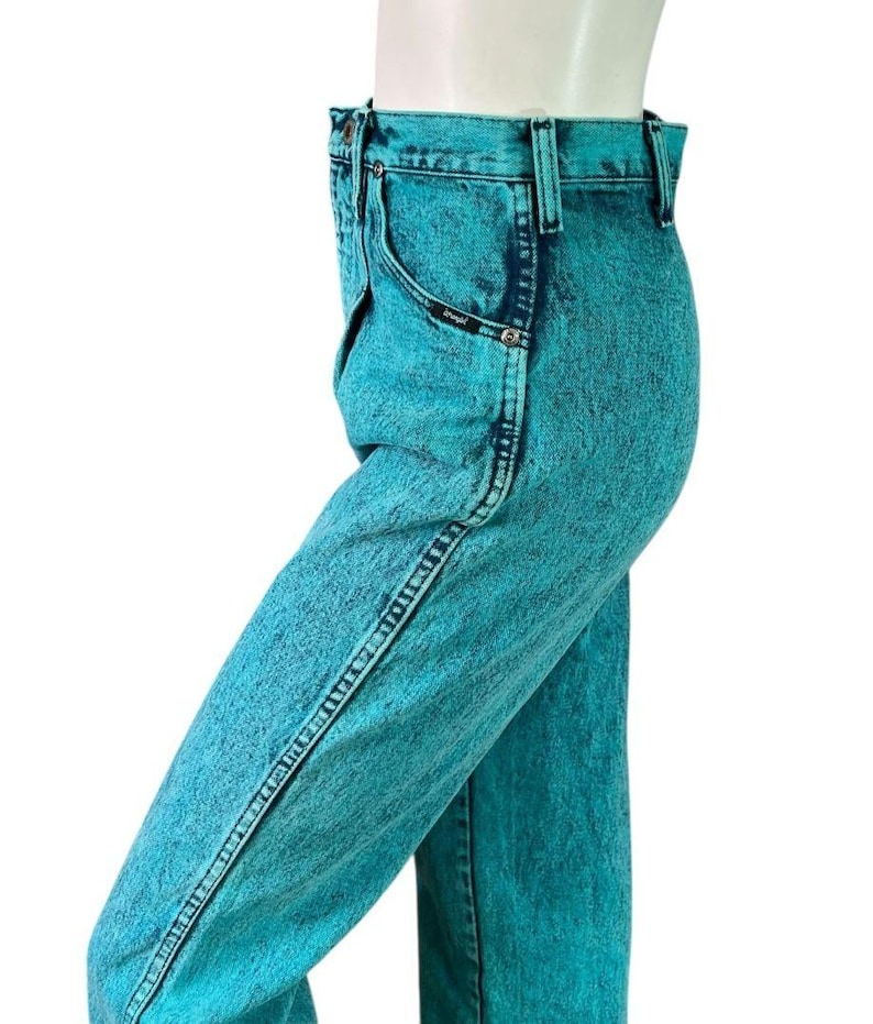 80s Wrangler Acid Wash Turquoise Over-Dye High Rise Jeans Straight Leg Size 7/8 image 10