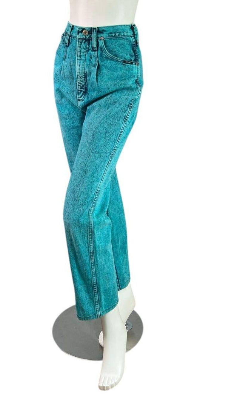 80s Wrangler Acid Wash Turquoise Over-Dye High Rise Jeans Straight Leg Size 7/8 image 3