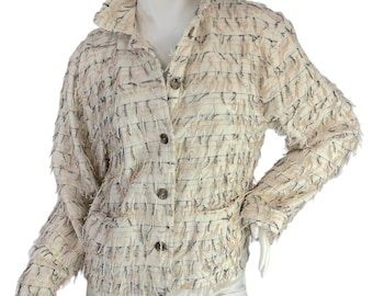 Kindred Spirit Vintage 1980s Short Fringed Handwoven White Jacket Size Large