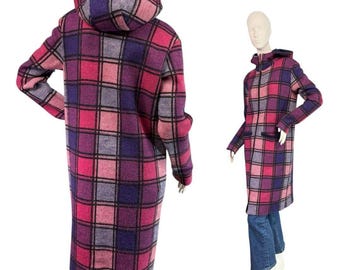 Vintage Magenta Pink Purple Windowpane Knit Sweater Hooded Coat Coatigan Size M