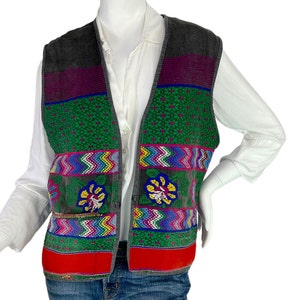 Vintage Guatemalan Hand Embroidered Floral Vest with Chambray Back Size L