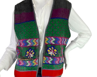 Vintage Guatemalan Hand Embroidered Floral Vest with Chambray Back Size L