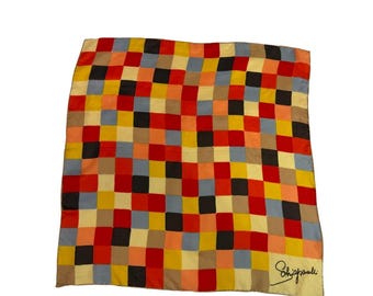 Vintage Schiaparelli Silk Square Scarf Colorful Blocks Hand Sewn Edges 22" x 22"