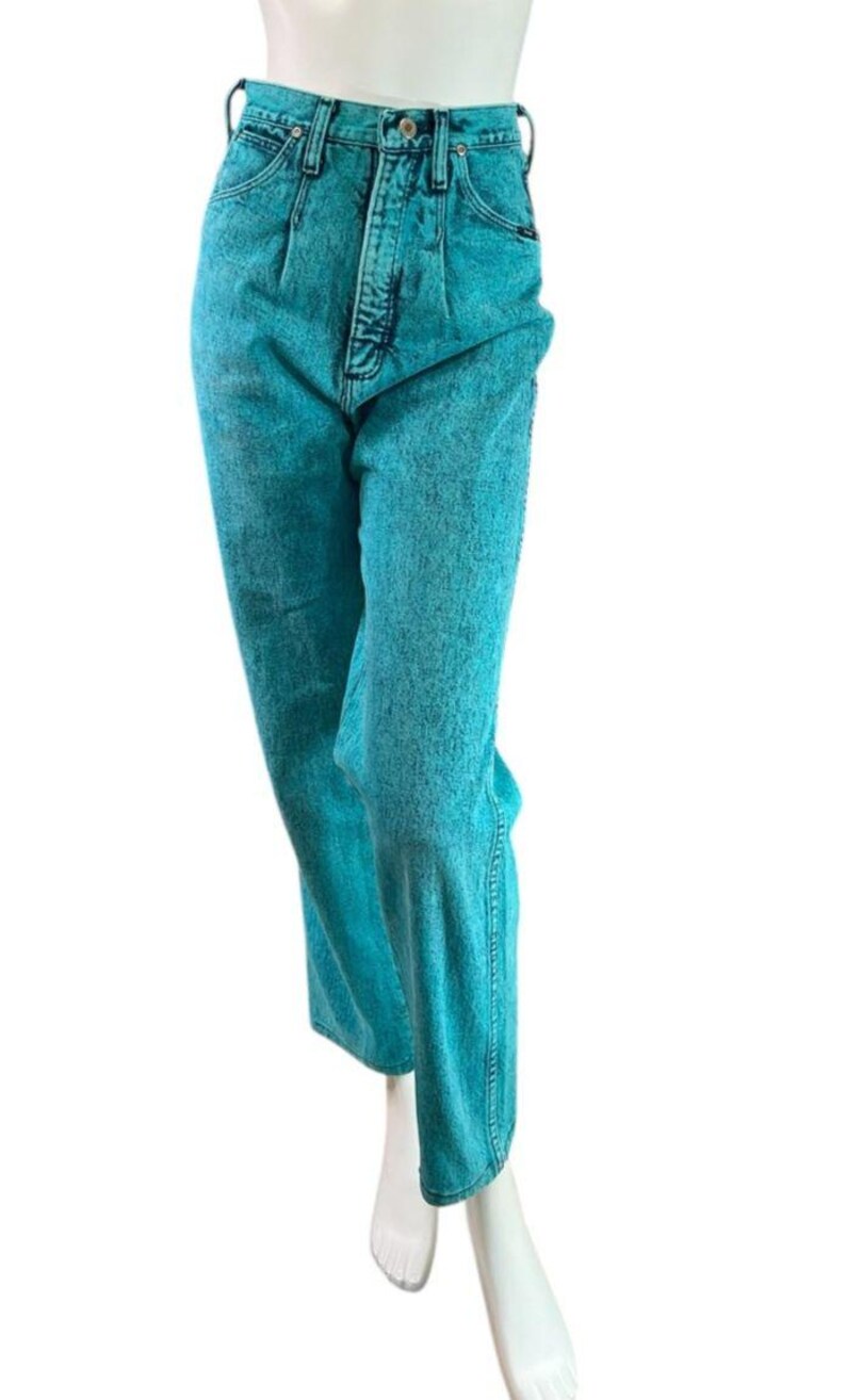 80s Wrangler Acid Wash Turquoise Over-Dye High Rise Jeans Straight Leg Size 7/8 image 8