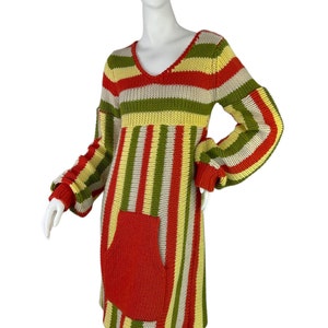 1970&#39;s Handknit Striped Dress with Big Kangaroo Front Pocket, Yellow, Green, Red