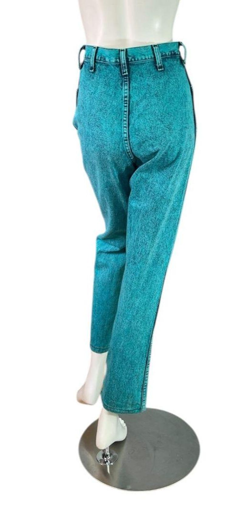 80s Wrangler Acid Wash Turquoise Over-Dye High Rise Jeans Straight Leg Size 7/8 image 4