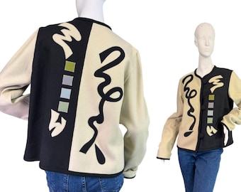 Vintage 90s Beppa Wool Wearable Art Geometric Pattern Applique Jacket Size Med