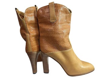 Vintage 80s Walter Newberger x Wilkes Bashford  Mid Calf Heeled Boots Tan Sz 7.5