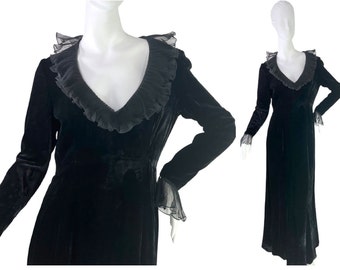 MOLLIE PARNIS BOUTIQUE Vintage Black Velvet Evening Dress w/ Chiffon Ruffles S