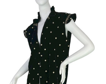 Antique Vintage Black Velvet Fringed Evening Vest with Gold Embroidery M/L