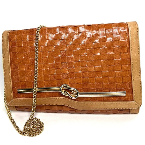 Bellido of Spain for Susan Gail Woven Cognac Leather Clutch Shoulder Bag with Chain Strap