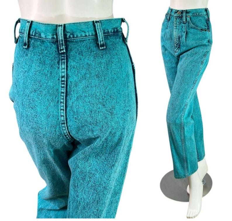 80s Wrangler Acid Wash Turquoise Over-Dye High Rise Jeans Straight Leg Size 7/8 image 1