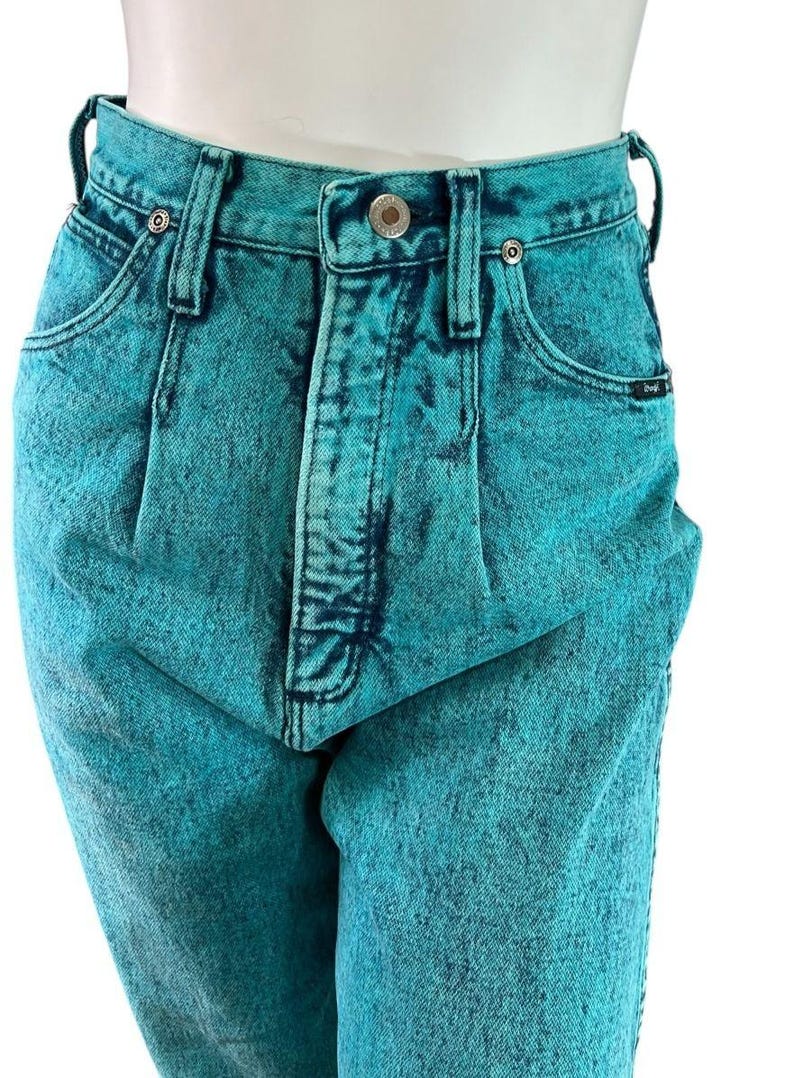 80s Wrangler Acid Wash Turquoise Over-Dye High Rise Jeans Straight Leg Size 7/8 image 5