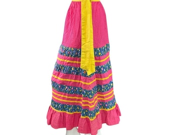 Georgia Charuhas Vintage 1970's Folkloric Mexican Skirt Pink & Blue Floral Sz 10