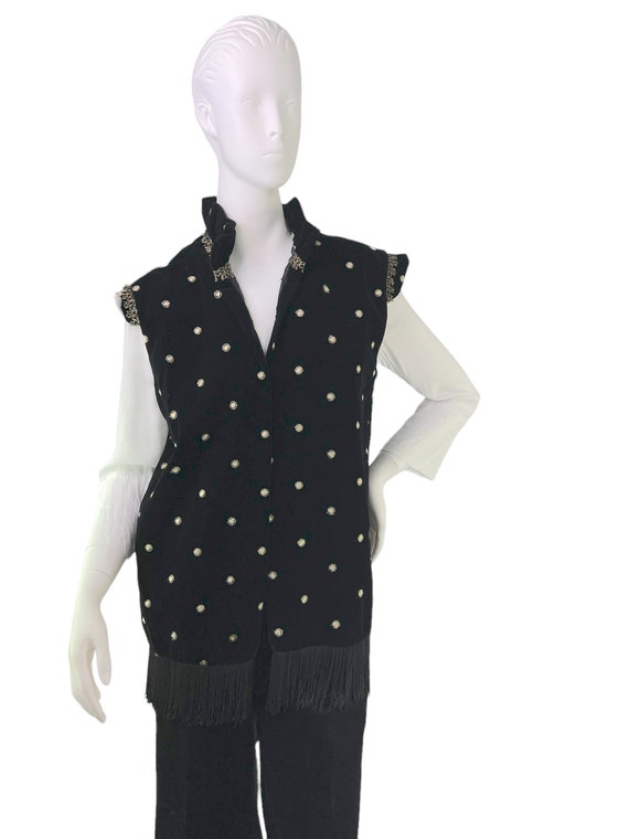 Antique Vintage Black Velvet Fringed Evening Vest… - image 7