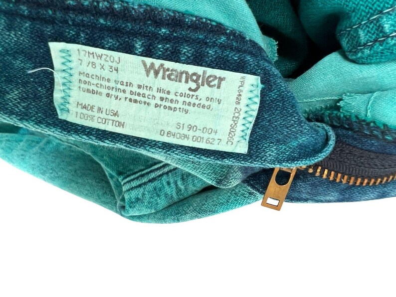 80s Wrangler Acid Wash Turquoise Over-Dye High Rise Jeans Straight Leg Size 7/8 image 2