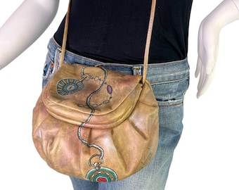 Fancy Nancy Vintage c. 1980's Leather Handpainted Hinged Pouch Crossbody Bag