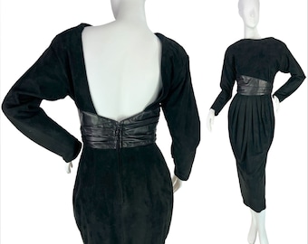 Vakko Vintage 80s Black Suede & Leather Backless Long Sleeve Midi Dress, Size 6