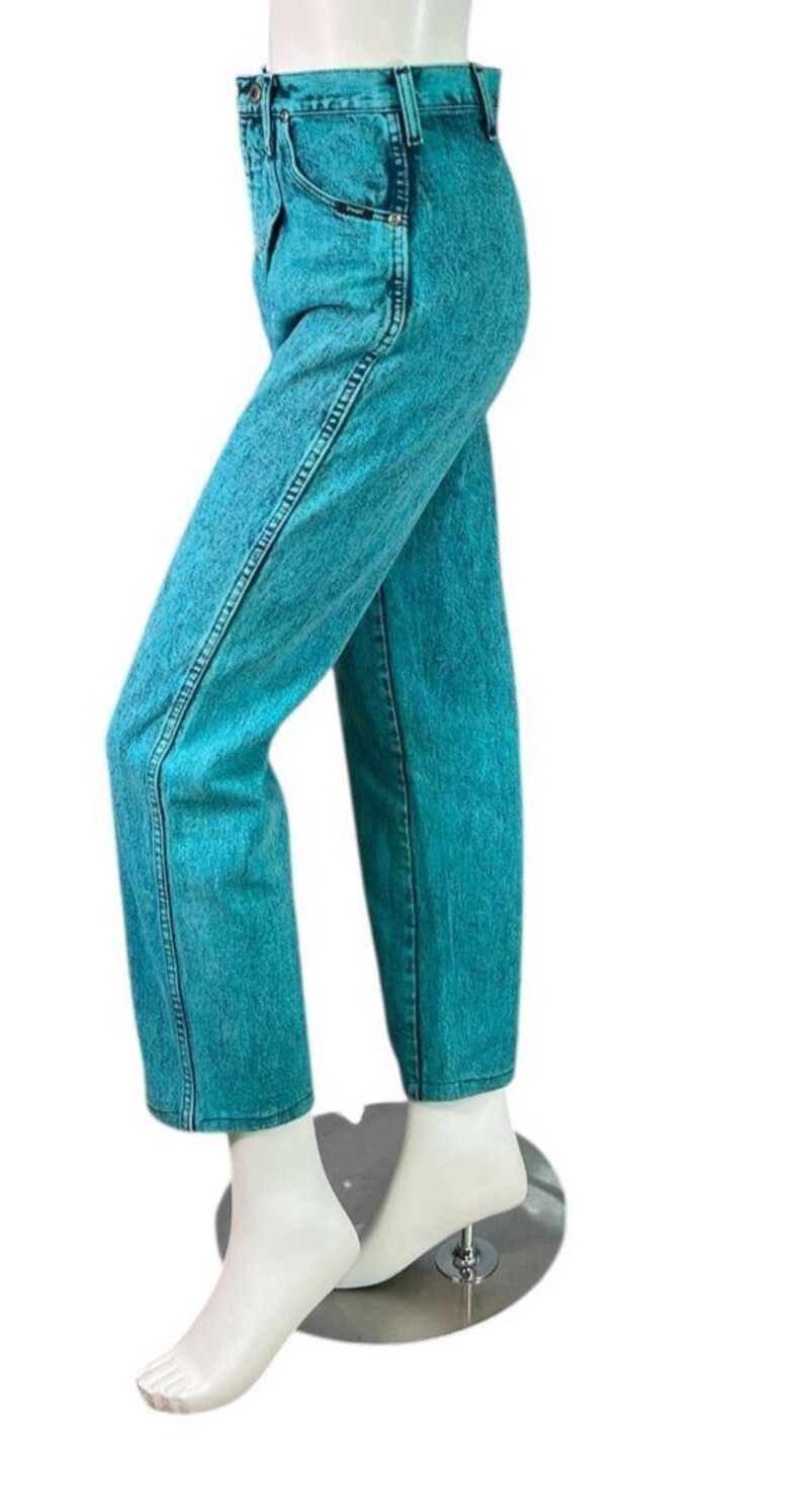 80s Wrangler Acid Wash Turquoise Over-Dye High Rise Jeans Straight Leg Size 7/8 image 9