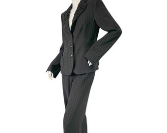 Armani Collezioni Black Pinstripe Pant Suit Ruffle Lapels Wide Leg Pants Sz 8/10