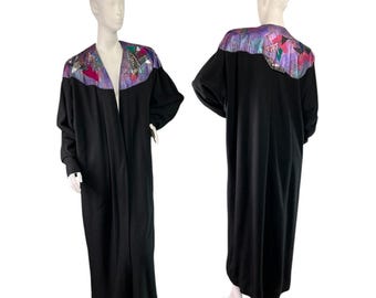 Vintage 80s Black Wool Crepe Open Coat w/ Iridescent Patchwork Leather USA Sz M