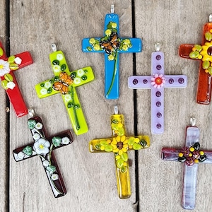 Glass Cross - Handmade decor ornament /Sun Catcher / Large Pendant with glass Bird Butterfly Flower murrini embellisments