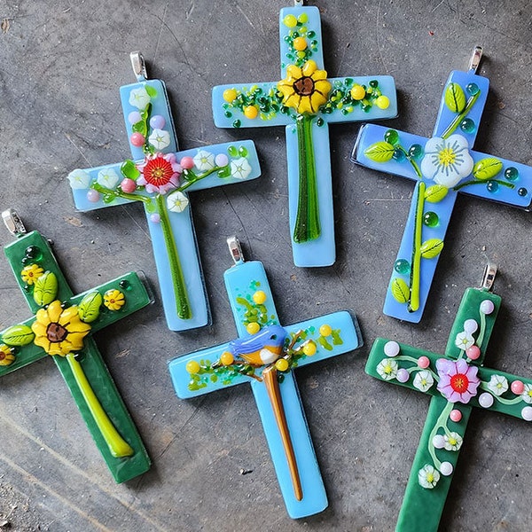 Glass Cross - Handmade decor ornament with glass Bird and Flower murrini embellisments