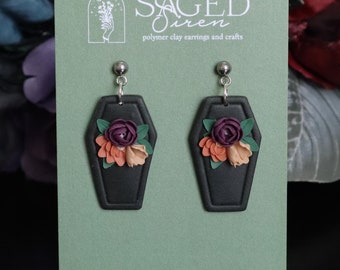 Floral Coffin Earrings | Polymer Clay Earrings | Coffin Earrings | Witchy Earrings | Gothic Earrings | Spooky Earrings | Halloween Earrings